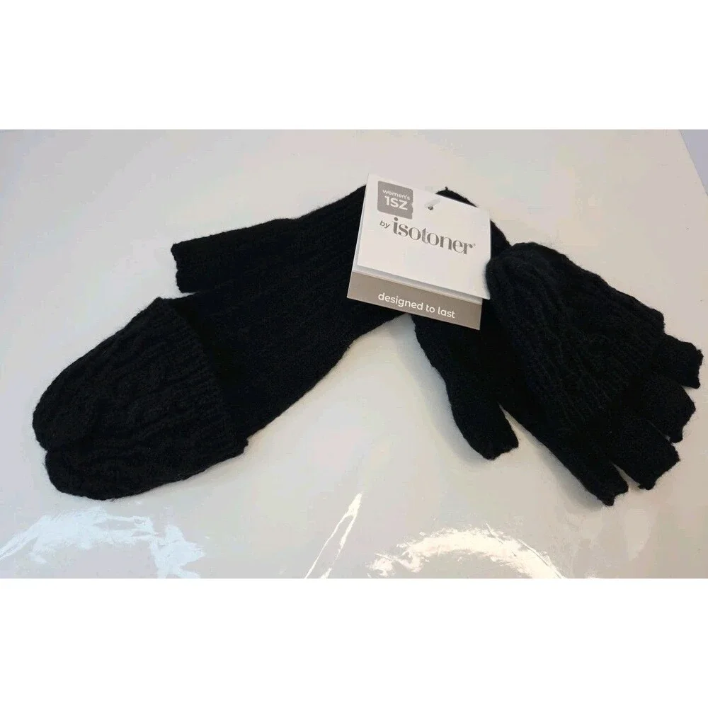 NWT ISOTONER women Glove To Mitten Snap convertible Black Knit 1 Sz Fits Most